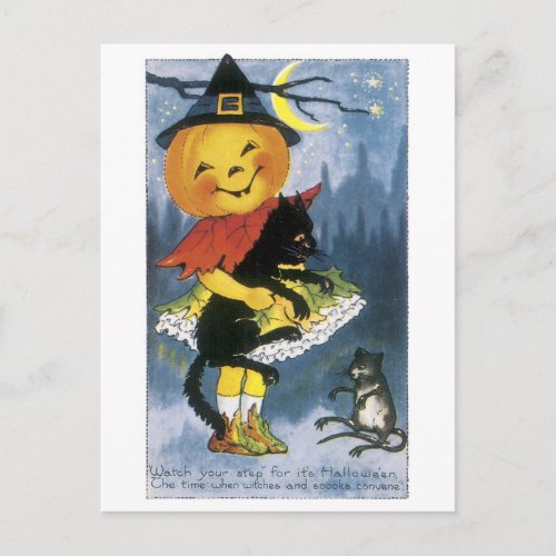 Old_fashioned Halloween Jack_o_lantern Girl Postcard