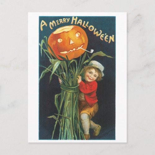 Old_fashioned Halloween Jack_o_lantern Scarecrow Postcard