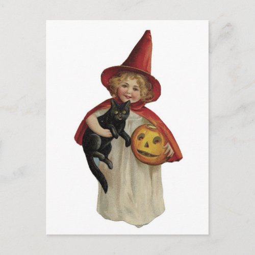 Old Fashioned Halloween Little Witch  Black Cat Postcard