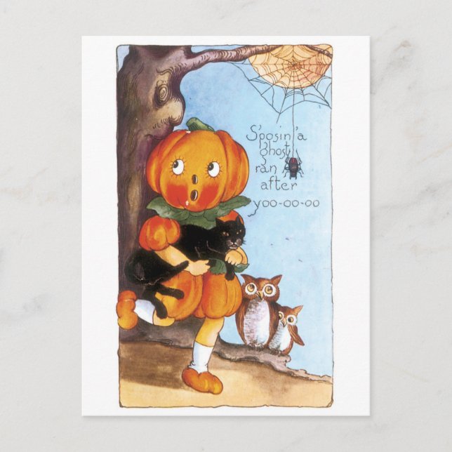 Old-fashioned Halloween, Pumpkin girl, Black cat Postcard (Front)