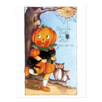 Old-fashioned Halloween, Pumpkin girl, Black cat Postcard