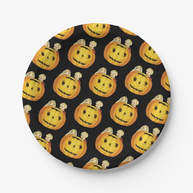 Old-fashioned Halloween, Pumpkin with Children Paper Plates (Front)