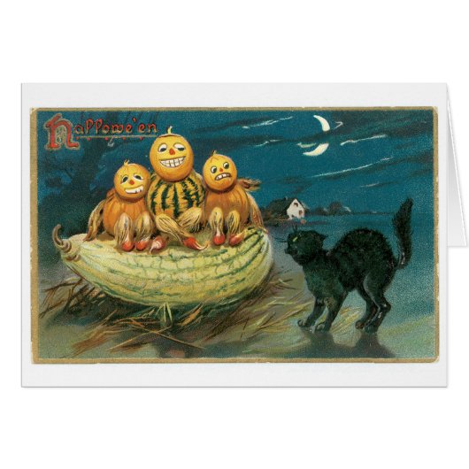 Old-fashioned Halloween, Pumpkins & Black cat Cards (Front Horizontal)