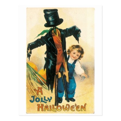 Old-fashioned Halloween, Scarecrow & child Postcard