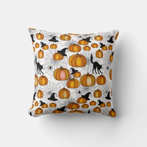 Old Fashioned Halloween w Orange Pumpkins Cats Throw Pillow
