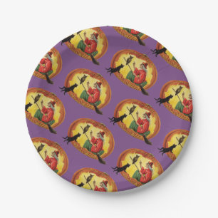 Old-fashioned Halloween, Witch, Black cat & Owl Paper Plates