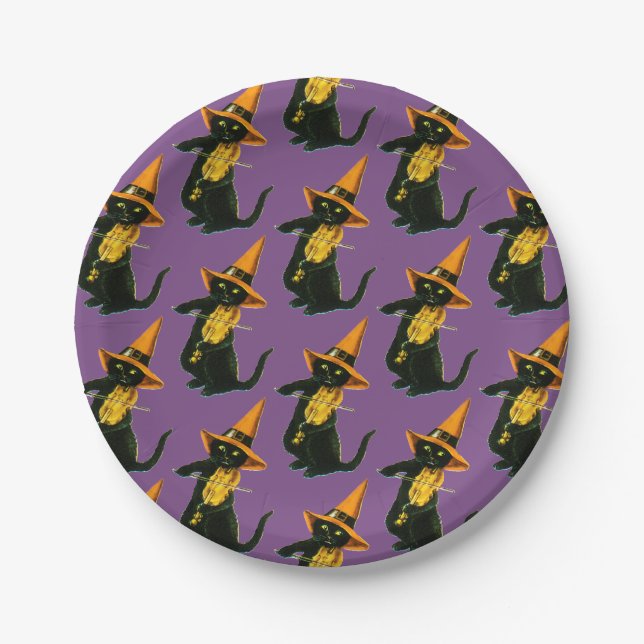 Old-fashioned Halloween, Witch cat playing Violin Paper Plates (Front)