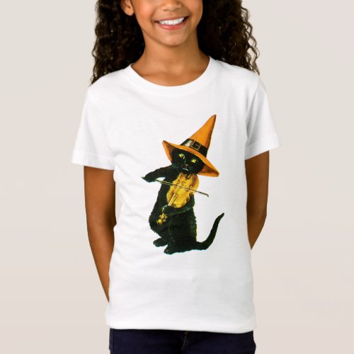 Old_fashioned Halloween Witch cat playing Violin T_Shirt