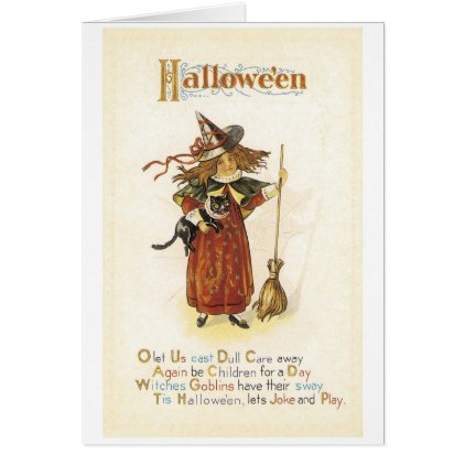 Old-fashioned Halloween, Witch girl with Black cat Card