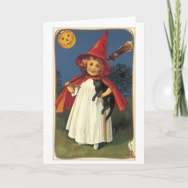 Old-fashioned Halloween, Witch girl with Black cat Card (Front)