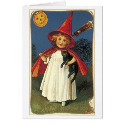 Old-fashioned Halloween, Witch girl with Black cat Card