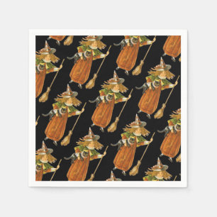 Old-fashioned Halloween, Witch girl with Black cat Napkins