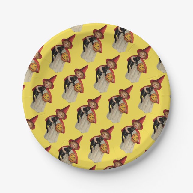 Old-fashioned Halloween, Witch girl with Black cat Paper Plates (Front)