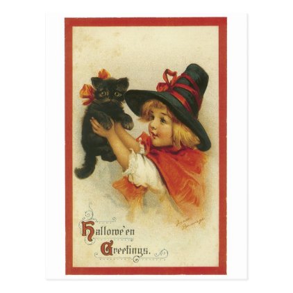 Old-fashioned Halloween, Witch girl with Black cat Postcard