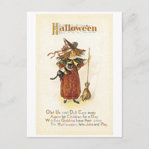 Old_fashioned Halloween Witch girl with Black cat Postcard