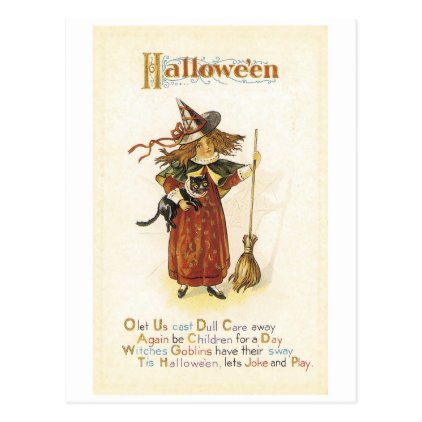 Old-fashioned Halloween, Witch girl with Black cat Postcard