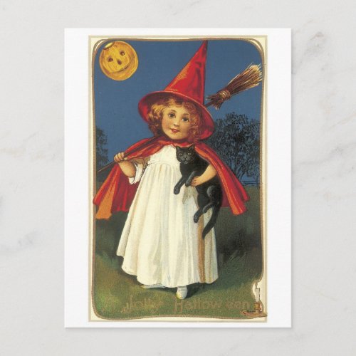 Old_fashioned Halloween Witch girl with Black cat Postcard