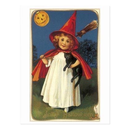 Old-fashioned Halloween, Witch girl with Black cat Postcard