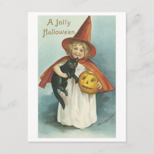 Old_fashioned Halloween Witch girl with Black cat Postcard