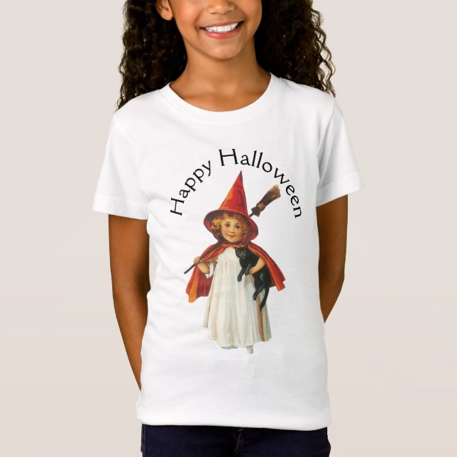 Old-fashioned Halloween, Witch girl with Black cat T-Shirt (Front)