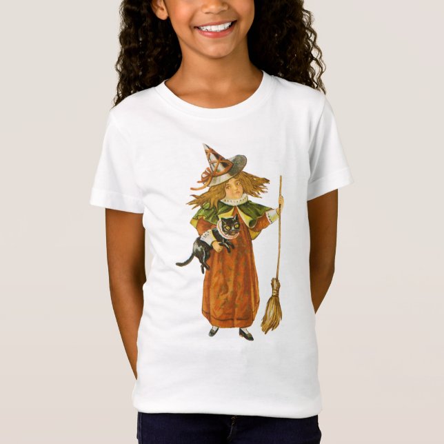 Old-fashioned Halloween, Witch girl with Black cat T-Shirt (Front)
