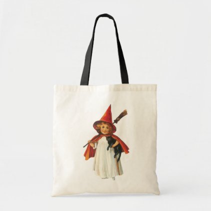 Old-fashioned Halloween, Witch girl with Black cat Tote Bag