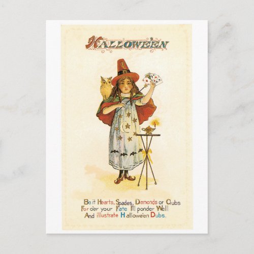 Old_fashioned Halloween Witch girl with Owl Postcard