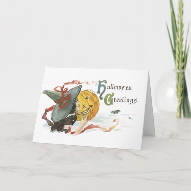 Old-fashioned Halloween, Witch & Jack-o'-lantern Card (Front)
