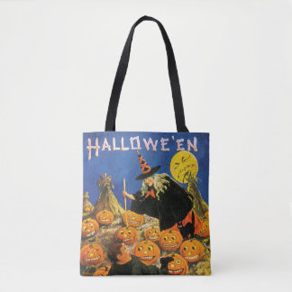 Old-fashioned Halloween, Witch & Pumpkins Tote Bag