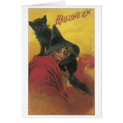 Old-fashioned Halloween, Witch with Black cat Card