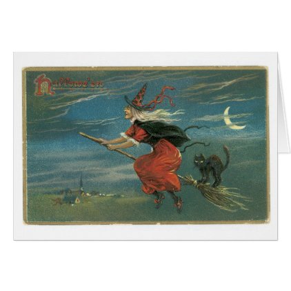 Old-fashioned Halloween, Witch with Black cat Card