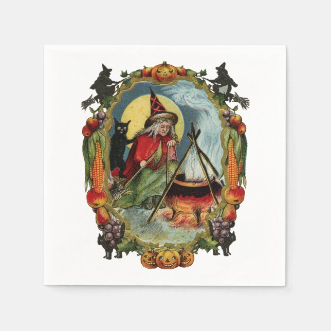 Old-fashioned Halloween, Witch with Black cat Napkins (Front)