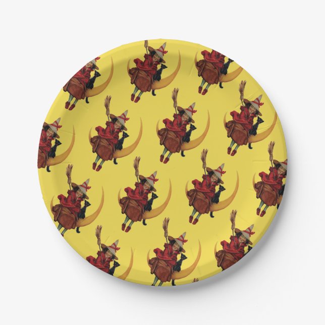 Old-fashioned Halloween, Witch with Black cat Paper Plates (Front)