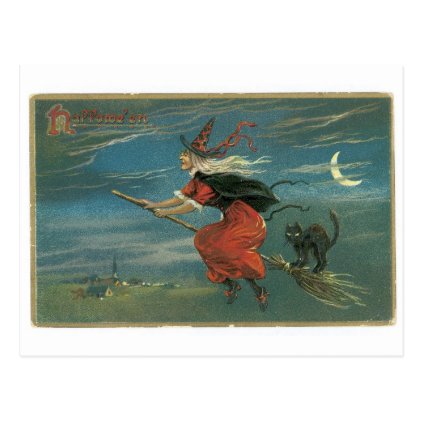 Old-fashioned Halloween, Witch with Black cat Postcard