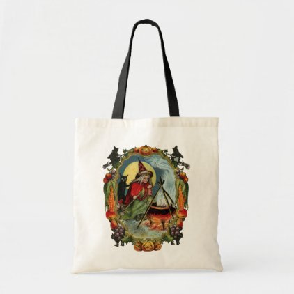 Old-fashioned Halloween, Witch with Black cat Tote Bag