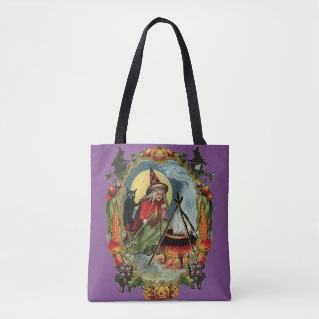 Old-fashioned Halloween, Witch with Black cat Tote Bag (Front)