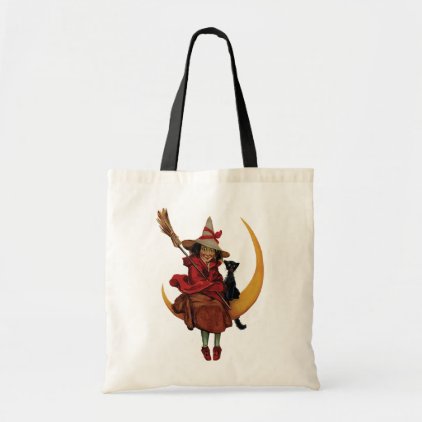 Old-fashioned Halloween, Witch with Black cat Tote Bag