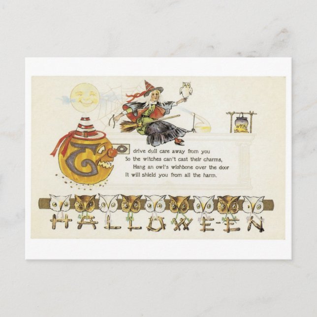 Old-fashioned Halloween, Witch with Owl Postcard (Front)
