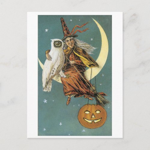 Old_fashioned Halloween Witch with Owl Postcard