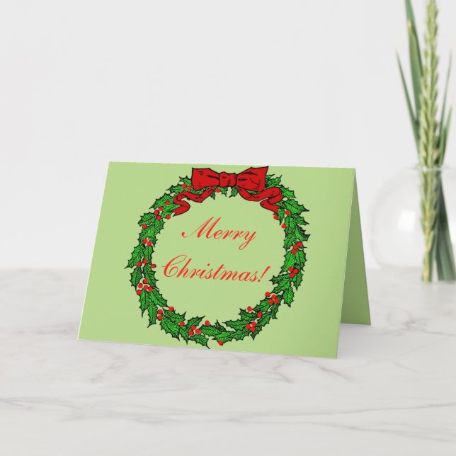 Old Fashioned Holly Christmas Wreath with Ribbon Holiday Card (Front)