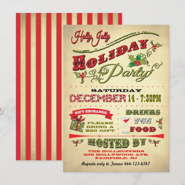 Old Fashioned Holly Jolly Holiday Party Invitation (Front/Back)