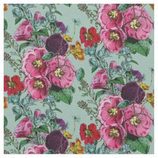 Old Fashioned Hollyhock Summer Bouquet Fabric