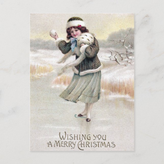 Old Fashioned Ice Skater Vintage Christmas Holiday Postcard (Front)