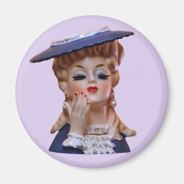 Old Fashioned Lady Head Vase Hat Hand Eyelashes Magnet (Front)