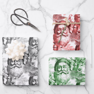 Old Fashioned Lithograph Santa And Reindeer Wrapping Paper Sheets