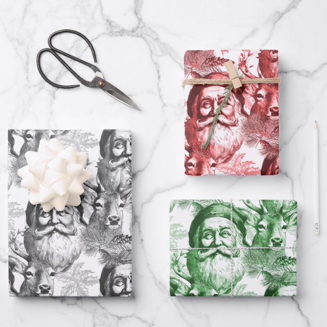 Old Fashioned Lithograph Santa And Reindeer Wrapping Paper Sheets (Front)