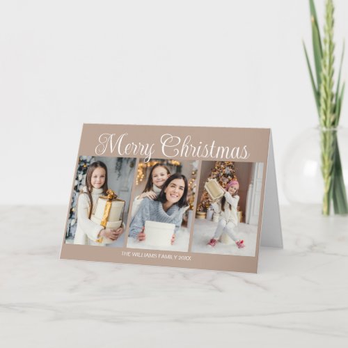 Old Fashioned Merry Christmas Photo Collage Tan Holiday Card