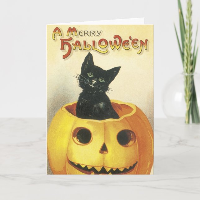 Old Fashioned Merry Halloween Cat Card (Front)