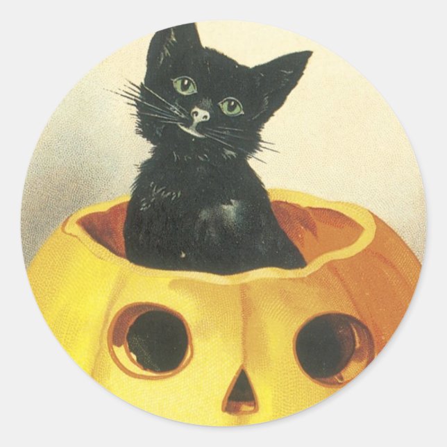 Old Fashioned Merry Halloween Cat Classic Round Sticker (Front)