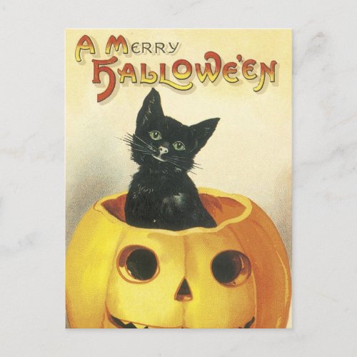 Old Fashioned Merry Halloween Cat Holiday Postcard